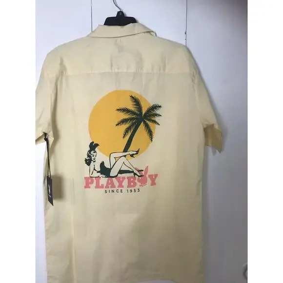 SOLD Playboy Shirt Men's Medium Yellow Button Up Short Sleeve Logo Preppy NWT - Picture 2 of 5